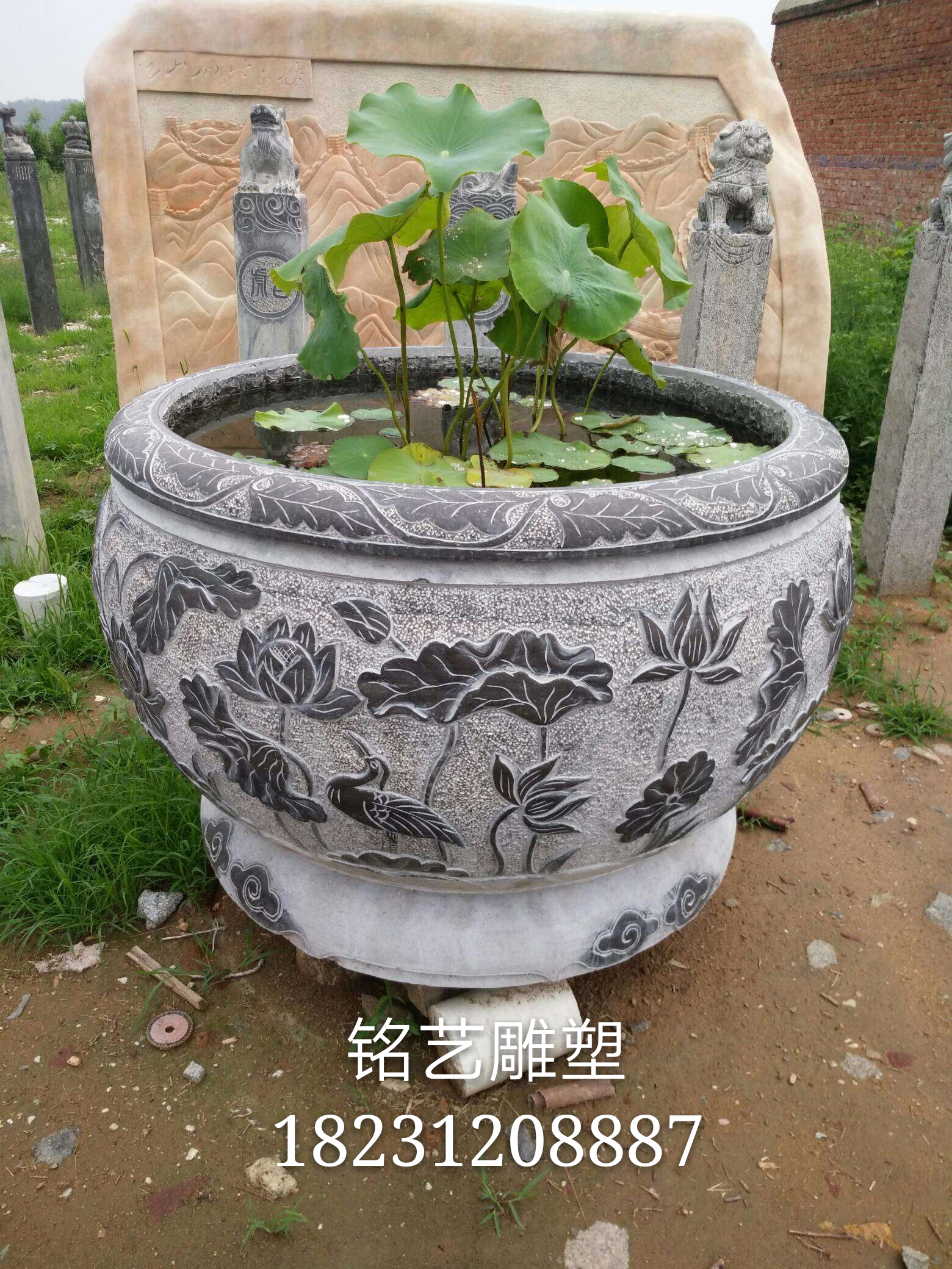 青石仿古做旧荷花鱼缸庭院户外装饰石雕养鱼池花盆圆形鱼缸摆件