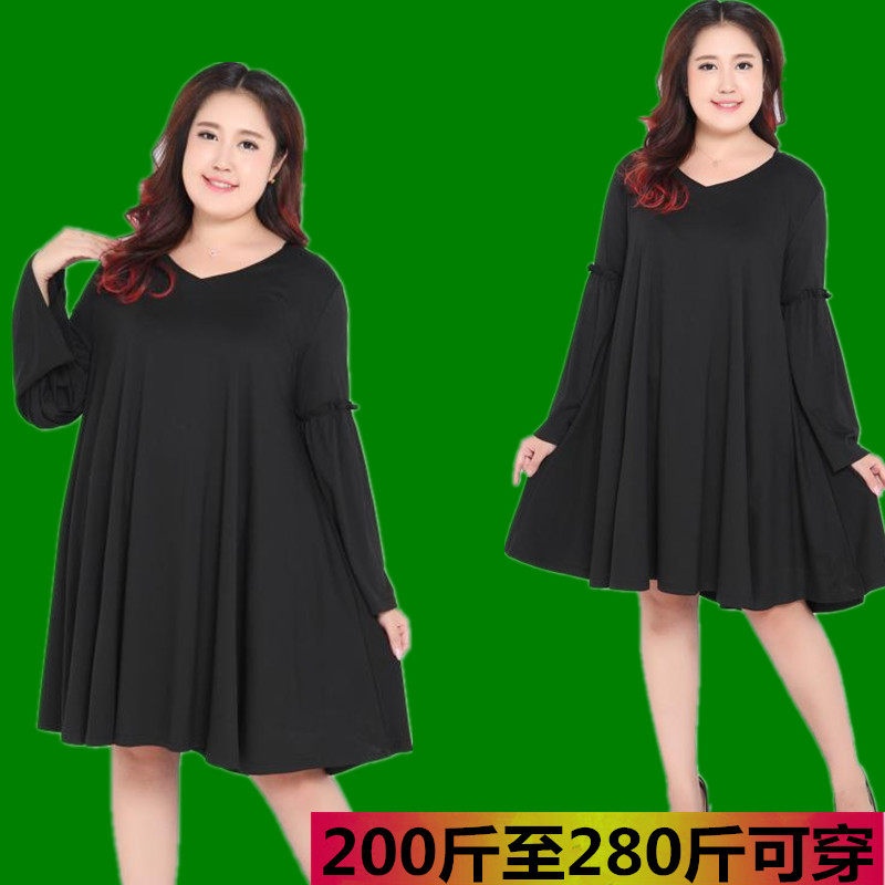 胖妹妹超大码女装胖妞秋装260斤加肥宽松显瘦圆领连衣裙子胸围150