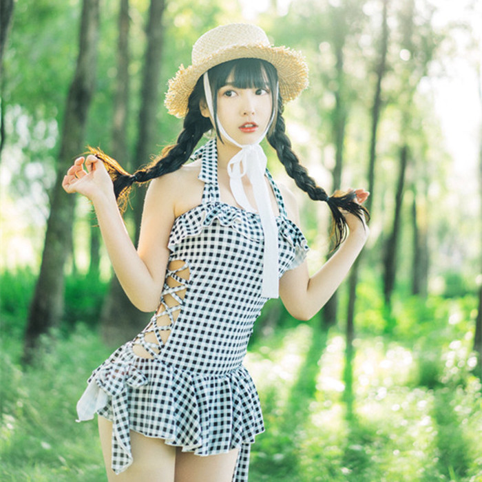 【补款】日本交叉连体泳衣女裙式保守遮肚学生软妹可爱性感显瘦夏