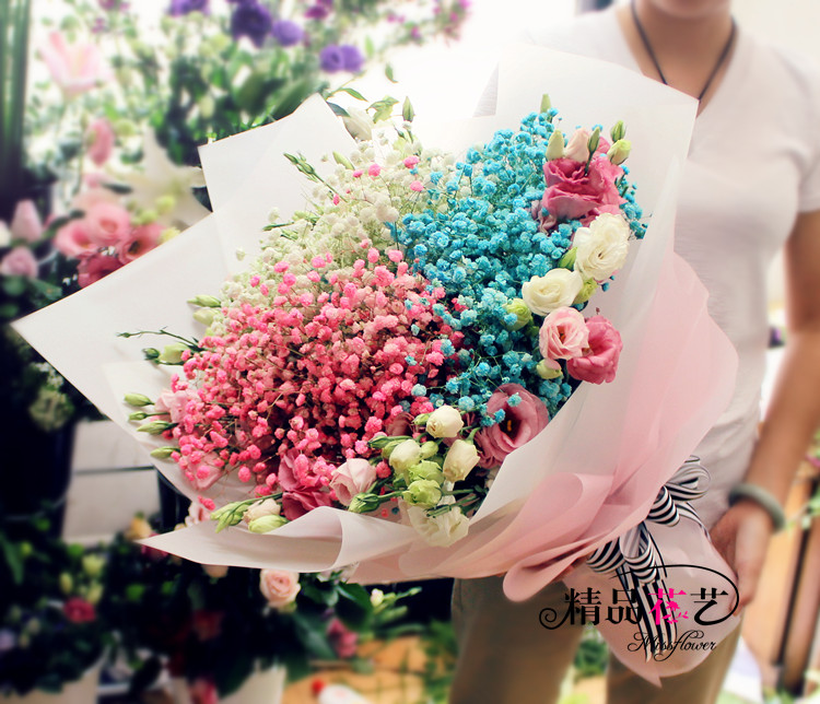 厦门鲜花店同城速递粉蓝白三色满天星加洋桔梗花束女朋友生日礼物