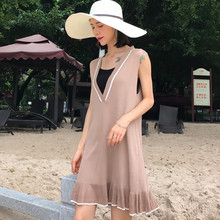 新款 宽松撞色V领荷叶边针织连衣裙女夏季学生背心裙A字短裙潮 韩版
