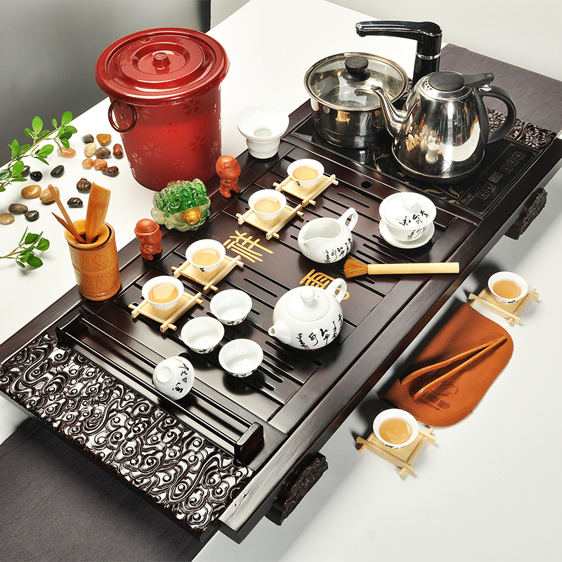 香自吟茶具套装整套功夫茶具柯木实木茶盘四合一烧水炉