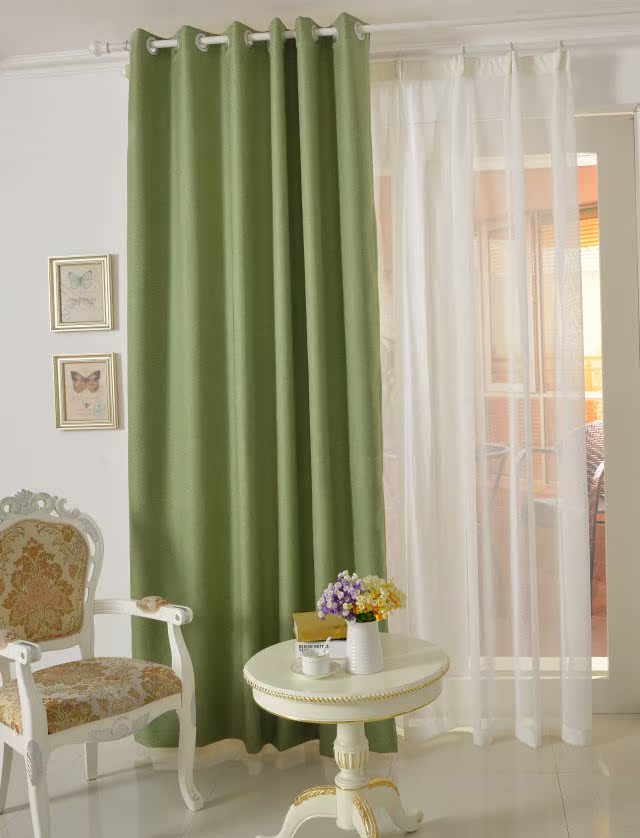 包邮纯色亚麻窗帘成品现代中式绿色棉麻全遮光卧室落地窗白纱布料