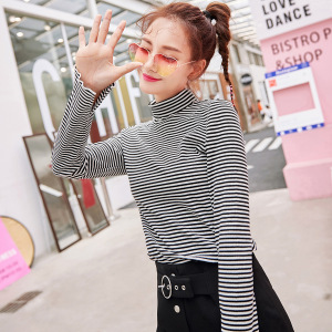 高领条纹长袖T恤女