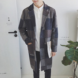 2017春季西装领男士中长款风衣韩版英伦范格子毛呢大衣男装潮外套