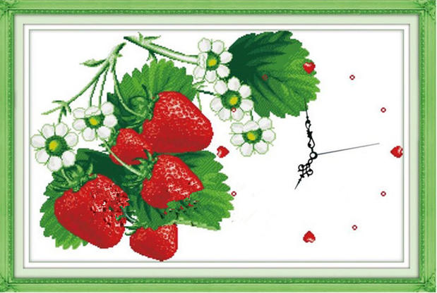 纯手工十字绣成品诱人草莓钟表钟面挂钟客厅卧室小幅装饰挂画出售