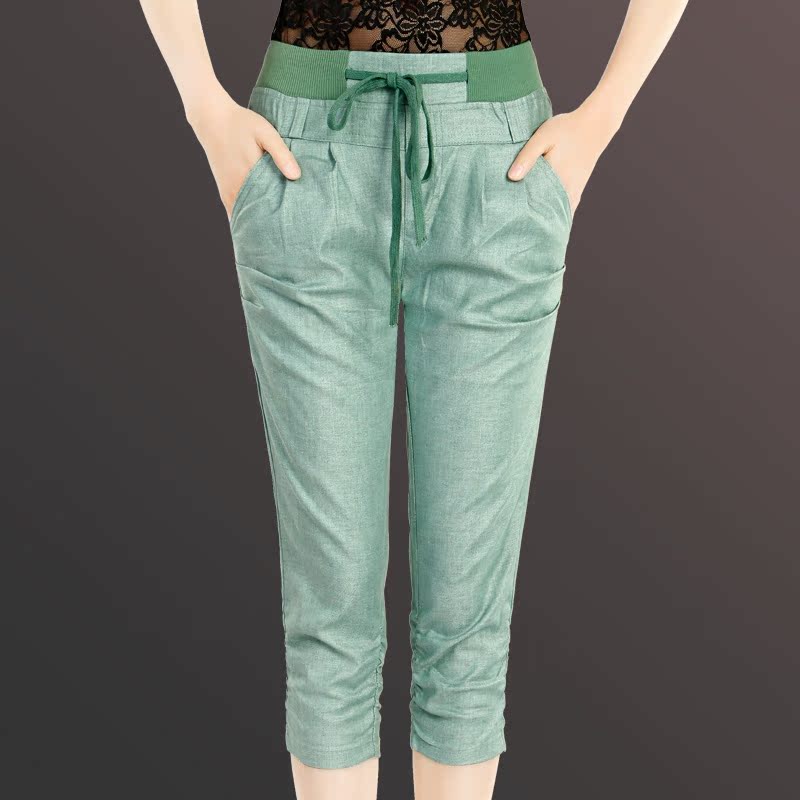 淘宝网2014夏装松紧腰亚麻七分裤女夏显瘦韩