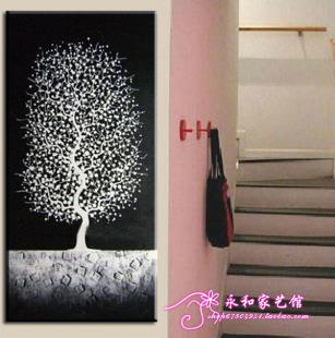 包邮 黑白艺术手绘竖幅发财树油画 现代家居玄关门厅装饰摆设dc51