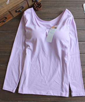 外贸日单 <em>女士</em>内置<em>罩杯</em>bra<em>文胸</em>圆领长袖T恤纯