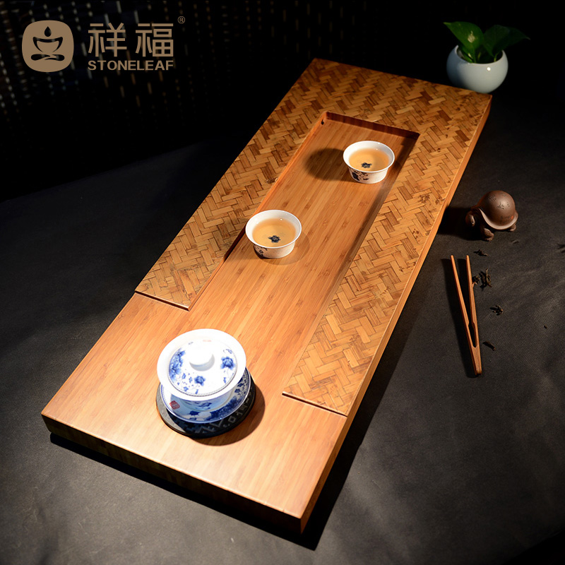 祥福 竹茶盘 功夫茶具竹制茶海 排水式乌金石头茶台 大号托盘抱月