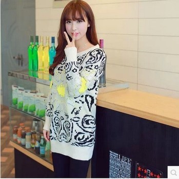 2014春装新款韩版<em>中长</em>版图腾提花女装<em>针织衫</em>