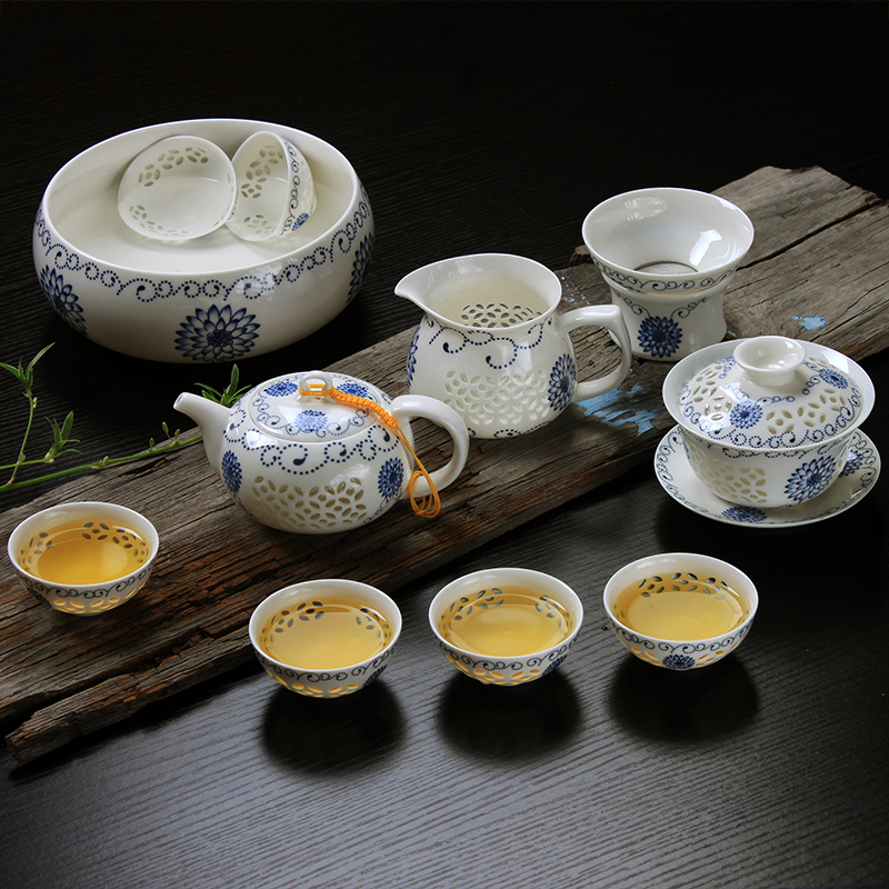 瓷牌茗景德镇青花瓷玲珑茶具套装蜂窝镂空陶瓷功夫茶具茶壶茶杯海