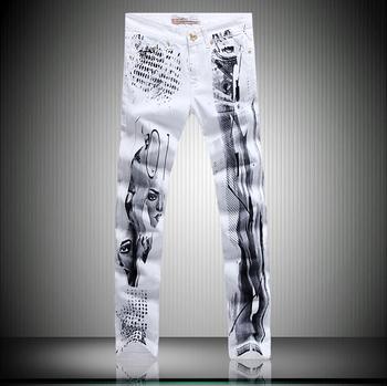 欧洲站男士牛仔裤 2014秋修身<em>马裤</em> 明星款 涂鸦