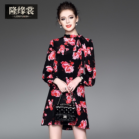 隆缘裳2017春装新款女欧美时尚桑蚕丝印花气质长袖真丝连衣裙2037商品大图