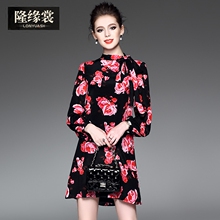 隆缘裳2017春装新款女欧美时尚桑蚕丝印花气质长袖真丝连衣裙2037图片