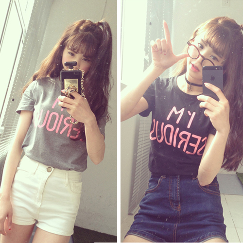 2015夏季女装 韩版短袖t恤女衣服百搭字母修身大码女士体恤女夏款