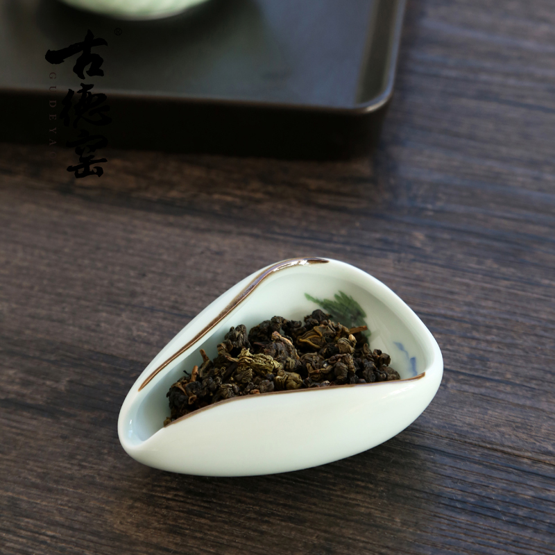 窑变手绘青花赏茶荷青瓷茶则茶匙茶勺陶瓷功夫茶具茶道配件零配