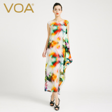 VOA 五彩缤纷无袖圆领荡褶真丝连衣裙女 O型一步长裙子A6758图片