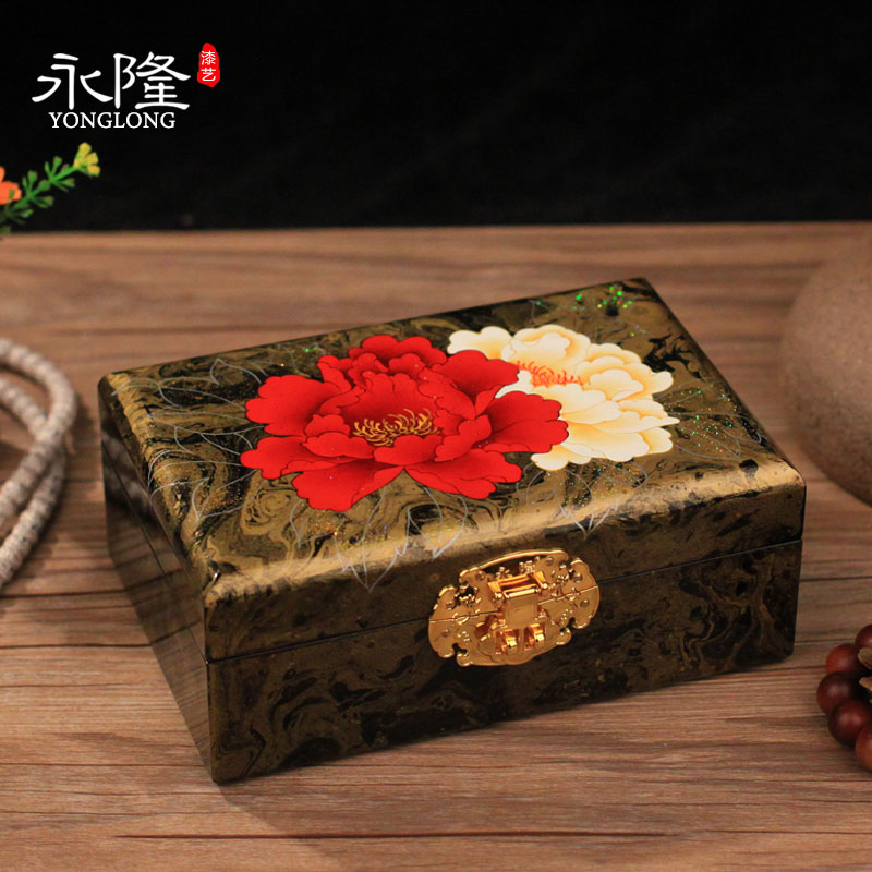 平遥手工彩绘木质漆器首饰盒结婚礼物带锁实木收纳新婚礼品创意盒 