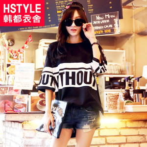 韩都衣舍韩版2016春装新款女装印花拼接宽松纯棉打底T恤