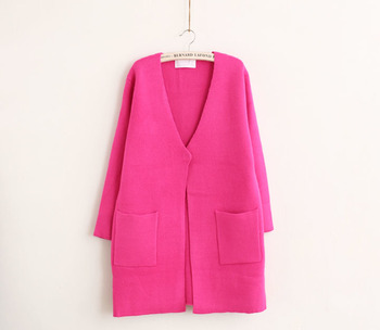 9113 韩国代购卷袖一粒扣纯色<em>长版毛衣外套</em>:淘