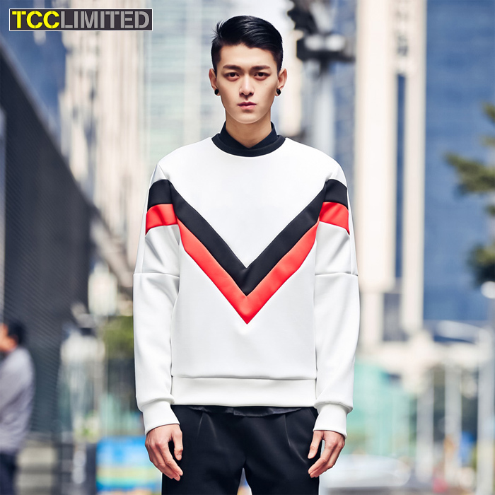 TCC 2015春装新款欧美简洁气质撞色几何图形拼接男士太空棉卫衣