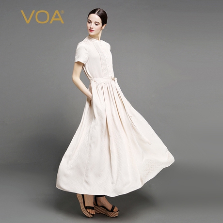 VOA奶油色提花真丝开领单排扣短袖风琴褶腰带纯色连衣裙A7035商品大图