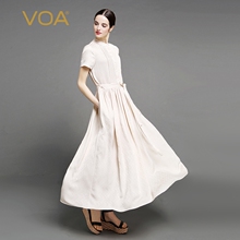 VOA奶油色提花真丝开领单排扣短袖风琴褶腰带纯色连衣裙A7035图片