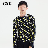 GXG男装 男士套头毛衣 蓝黄色花样条纹修身套头毛衫#54120374