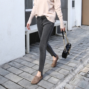 韩版加绒高腰牛仔裤