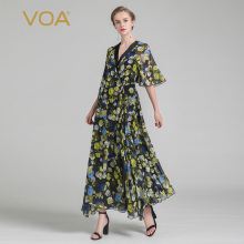 VOA花团簇锦和服领短袖系带开衫式及地长款真丝连衣裙ALA00201图片