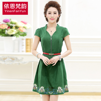 法温莎中老年女装亚麻连衣裙 妈妈装夏装连衣