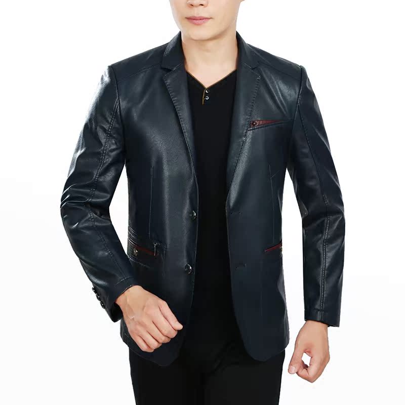 秋季新款品牌男士真皮皮衣中年男装西装领上衣