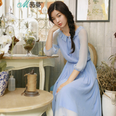 茵曼2017夏装新款淑女荷叶领七分袖真丝收腰连衣裙女1872425560商品大图
