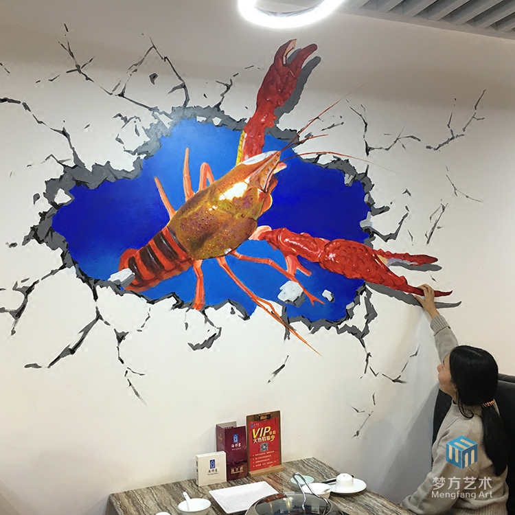 海鲜火锅店壁画手绘 手绘3d立体画 3d墙体彩绘 餐厅墙画现场彩绘