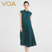 VOA 墨绿翻领飘带包袖宽松腰提花真丝长连衣裙图片