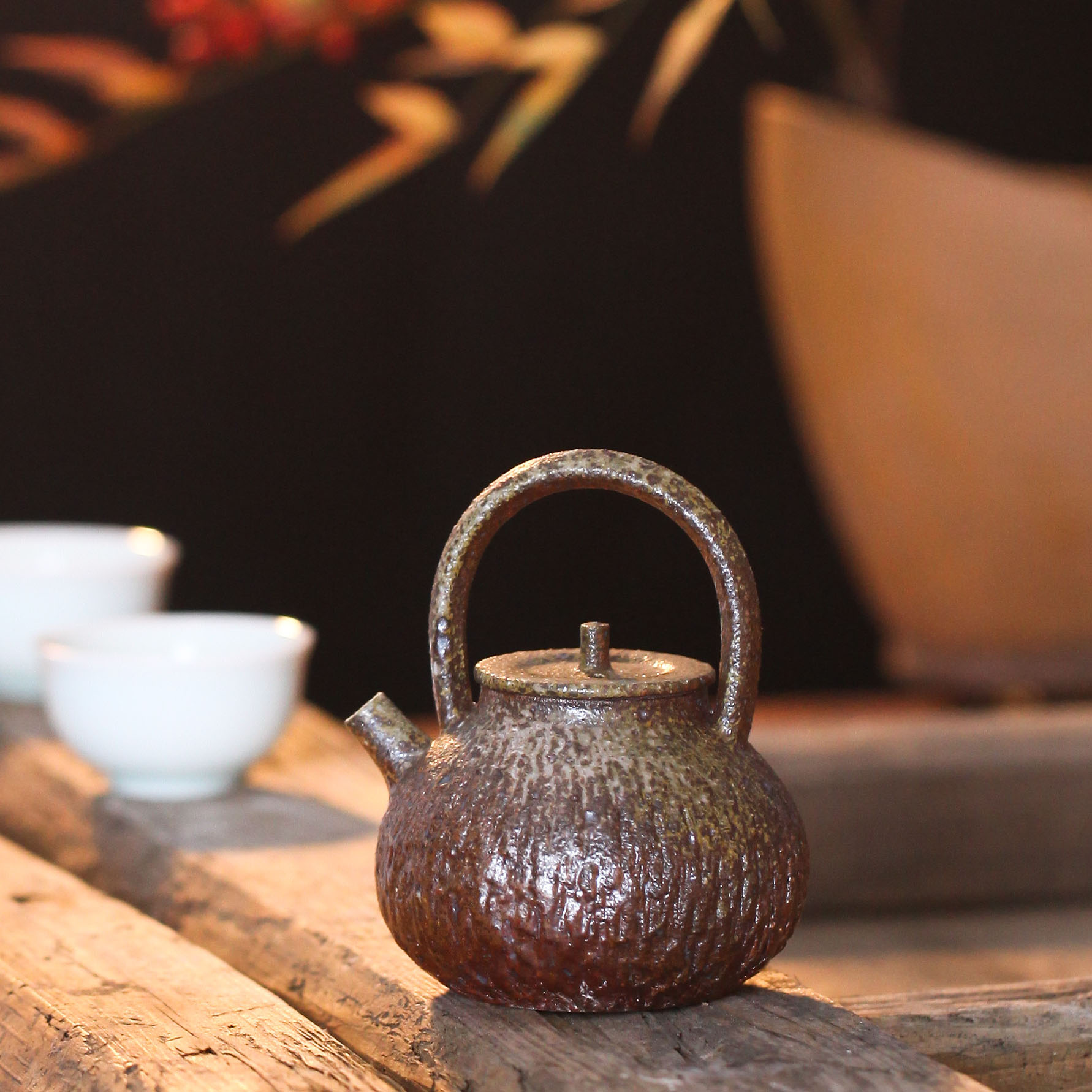 知茗 日式陶壶 跳刀纹提梁泡茶壶 景德镇手工粗陶壶潮汕功夫茶具