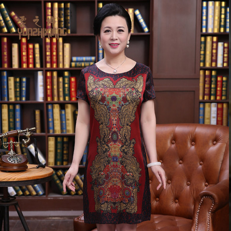 云之乡新款中老年重磅桑蚕丝连衣裙大码真丝裙子妈妈装印花连衣裙商品大图