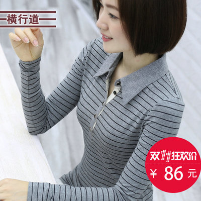 2016秋装新款小衫长袖v领t恤女莫代尔棉纯色打