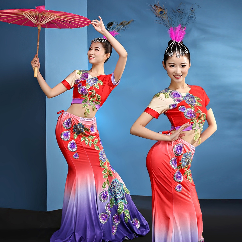 傣族舞蹈服装成人女2017新款包臀长款鱼尾裙