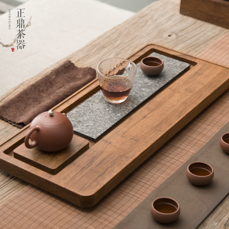 实木重竹制天然乌金石头茶盘竹功夫茶具 排水储水茶台茶海 正鼎