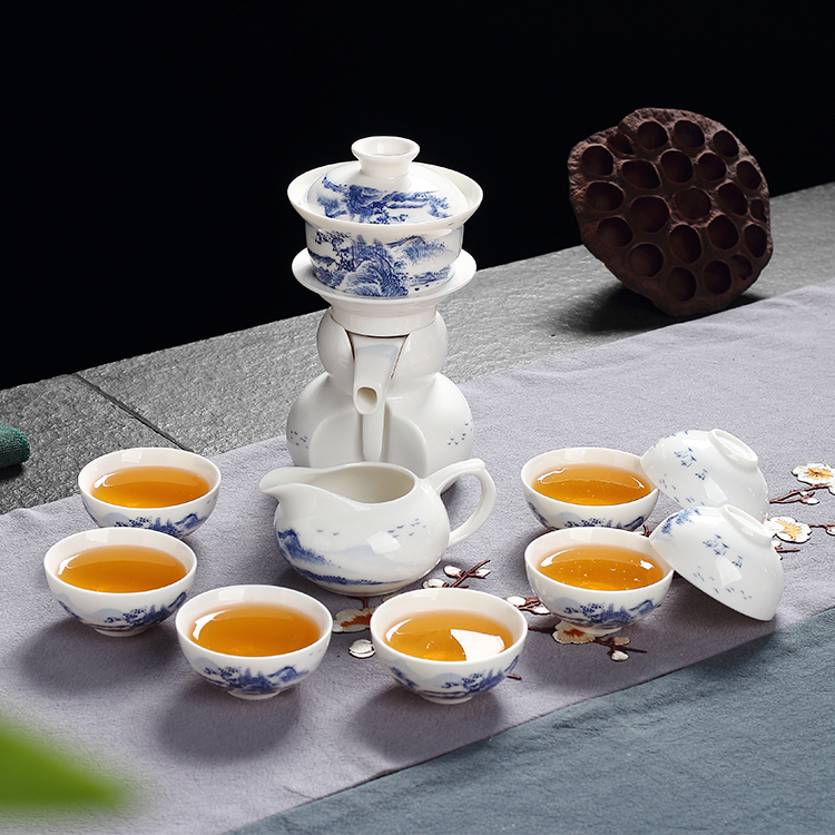 福建德化青花瓷山水画自动流水茶器陶瓷功夫茶具套装防烫特价包邮