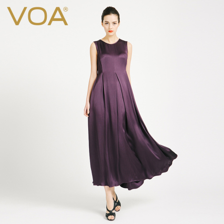 VOA100%重磅40姆米真丝连衣裙立裁中腰修身中长款大摆裙A6788商品大图