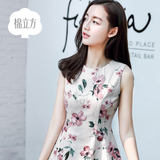 棉立方无袖印花连衣裙女中长裙2017夏新款女装显瘦修身碎花a字裙