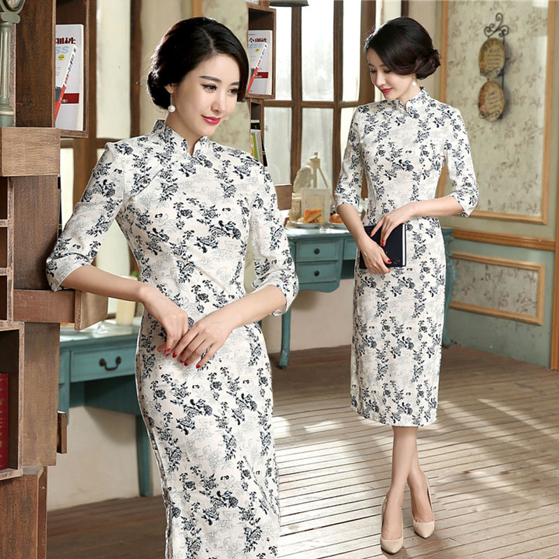 中式长款旗袍连衣裙女茶馆茶艺师茶道演出衣服茶叶店导购员工作服
