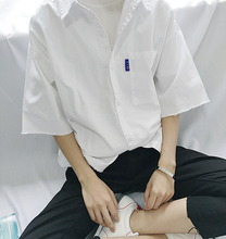 1CHEN /夏季日系纯色美式工装衬衫 毛边做旧磨破宽松短袖衬衣男潮