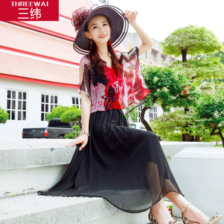 三纬露肩宽松罩衫桑蚕丝印花拼接假两件真丝连衣裙2019夏装新款商品大图