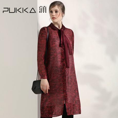 Pukka/蒲牌秋装新款原创设计棉麻女装亚麻真丝印花连衣裙商品大图