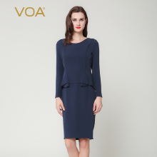 VOA40姆米藏青绯红椭圆领长袖OL重磅真丝套裙假两件连衣裙A5159图片