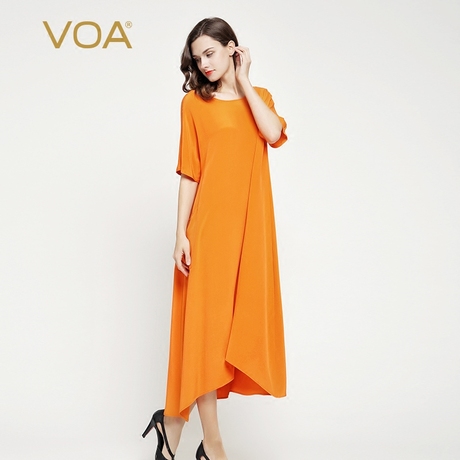 VOA多色供选蝙蝠短袖圆领休闲重磅真丝长连衣裙 宽松及踝裙A7065商品大图